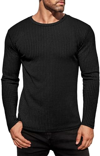 Ekouaer Camiseta Térmica para Hombre Elásticas de Cuello Redondo Shirt Negro L