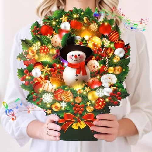 Carte de Noël Pop-up avec Lumières et Musique, Bouquet de Noël avec bonhomme de neige, Carte musicale 3D pour les fêtes du Nouvel An.