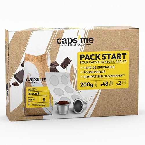 CAPS ME - Påfyllningskit för återanvändbara kapslar kompatibla med Nespresso OriginalLine kapselkaffemaskiner (2 kapslar i rostfritt stål + 48 papperslock + 200g specialkaffe)