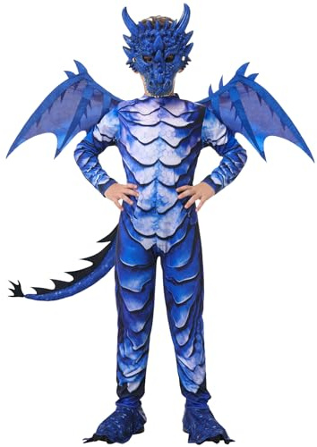 Drakkostym barn, Dragon kostym, barn, drakdräkt med vingar, svans och mask för pojkar flickor, halloween, karneval, blå drake, kostym för barn 4 5 6 7 8 9 10 11 12 år