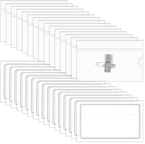 Nogeqi 30 stycken namnskyltar för kläder 90 x 56 mm transparent namnskylt PVC namnskylt fodral med klämma och nål för skola kontor företag konferenser