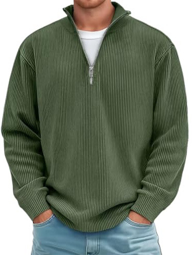 Maglione da uomo con scollo a 1/4, con chiusura lampo, a maniche lunghe, caldo, maglione da lavoro, lavorato a maglia fine, verde, L