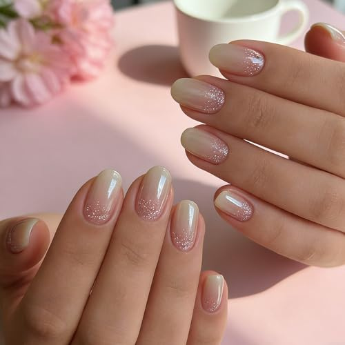 24Pcs Nude Pink Short False Nails - Almond Press on Nails with Strong Glue - Reusable, Durable Glossy Gradient White Nails in 12 Sizes - Sweet Nails Art Accessories For Women Daily Wear