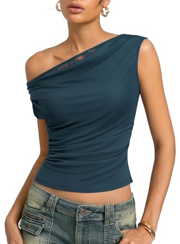 Kate Kasin Women's Lace Tops Summer Sleeveless Ruched Blouse Shirt Elegant Cowl Neck One-Shoulder Off Shoulder Sexy Tank Vest Teal S