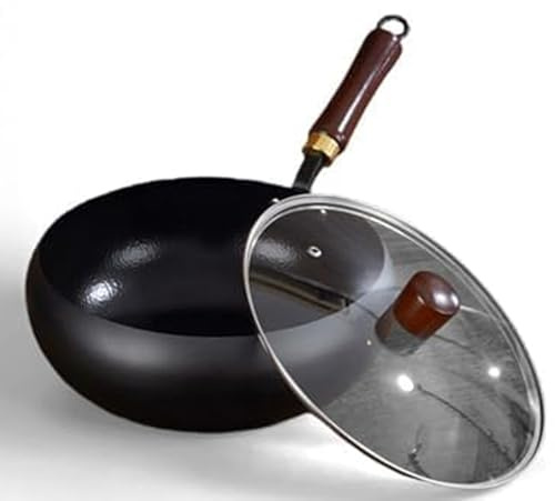Japansk järnpanna, handgjorda smidesjärnspannor med lock (B,24 cm/9,4 tum)