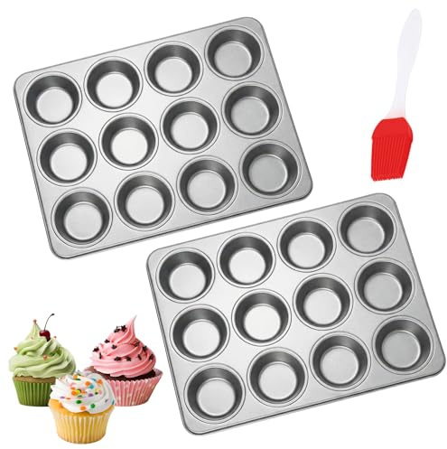 SIMDAO 2 Stück Muffinform 12er Inklusive Backpinsel, 35 x 26 cm, Muffinform Blech für Zubereitung von Muffins, Cupcakes und Brot, Leicht zu Reinigen, Hitzebeständig bis 220°C(Grey)
