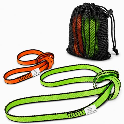 Kletterschlinge 2er Pack 23KN | Bandschlinge Klettern 19mm | CE Zertifiziert | Nylon Bandschlinge für Yoga, Standplatzbau, Rettung | mit Netzbeutel (Orange+Grün, 60 cm / 24 Zoll +120 cm / 48 Zoll)