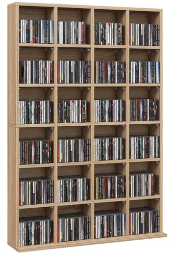 HOMCOM Rangements pour CD et DVD 89x20x130,5 cm, Bois Naturel | Meuble de Rangement Multimédia, Bibliothèque, 24 Compartiments, Étagères Ajustables, Capacité Max. 456 CD/336 DVD