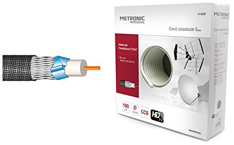 Metronic 414220 Cavo Coassiale da 100m per Uso Interno ed Esterno- Qualità Installazione TV (Antenna) / SAT (Satellitare) Diametro 5mm Schermato, Impedenza 75 ohm - Bianco