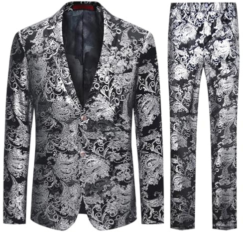 Allthemen Abito da Uomo in 2 Pezzi Slim Fit Casual Wedding Business Cena Jacquard Vestito Completo Giacche Blazer Pantaloni Argento M