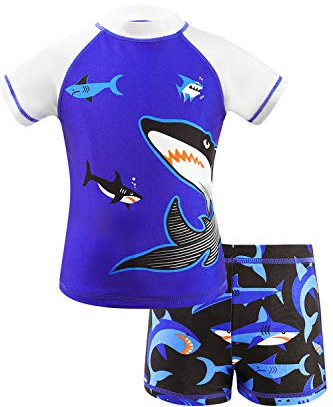 IKALI Kinder Jungen Badeanzug Bademode, Kurze Ärmel Hai Zweiteiliger Uv-Schutz Bade-Set Badeshorts