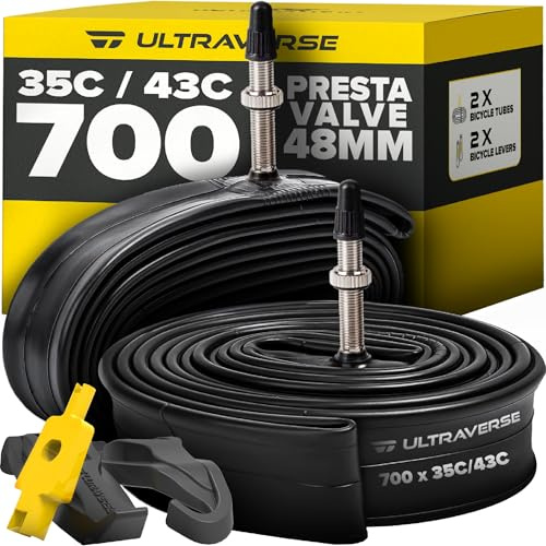 Ultraverse Bike Inner Tube for 700x35-43c, 28 inch Bicycle Wheel Sizes with 48mm Presta Valve - Butyl Rubber Tubes for Road and Gravel Bikes - 2 Pack with 2 tire levers Included