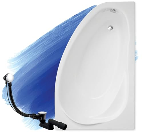 BADLAND Badewanne Original Weiß Acryl Wanne Eckbadewanne MAREA 160x100 Rechts KOMPLETTSET SET + Füßen und Exklusive Chrom Automatik Ablaufgarnitur Made in EU 3in1
