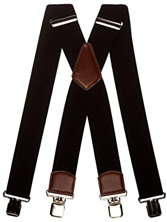 Olata Men's Extra Wide Heavy Duty X-Shape Braces/Suspenders with Brown Leather - 5cm. Black