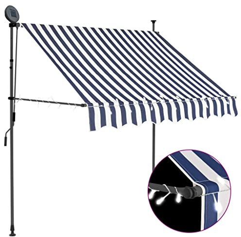 Homgoday Retractable manual awning, water and dirt repellent polyester canopy with solar LED lights, adjustable steel frame for garden, balcony and patio shade