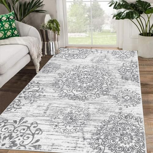 SHACOS Kurzflor Teppich Läufer Wohnzimmer Grau 120x180cm Boho Teppich Läufer Flur rutschfest Teppichläufer Waschbar Vintage Bettvorleger Schlafzimmer Teppich Läufer für Kinderzimmer, Esszimmer, Küche