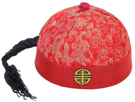 F Fityle Chapeau Oriental Chinois d'Empereur, Propriétaire en Soie, Asiatique Mandarin, Casquette de Cosplay de Fête, Rouge 56cm