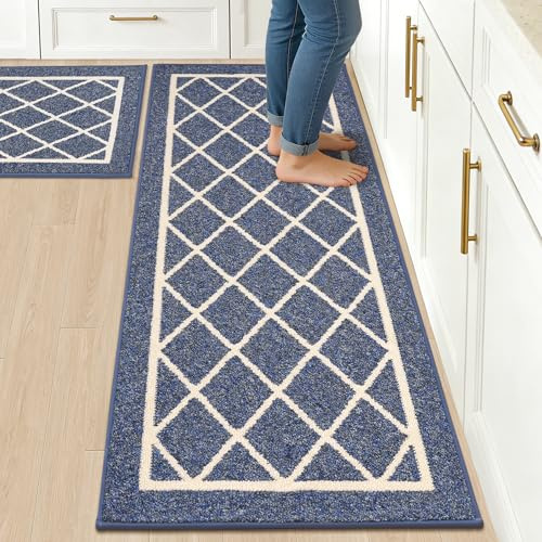 BEQHAUSE Kitchen Rugs, Non-Slip, Machine Washable, 50x76cm+50x122cm, Blue | Kitchen Mat Stain Resistant, Dirt Trapping, Polyester, For Comfort Standing In Office/Kitchen/Laundry Room etc, Pet Friendly