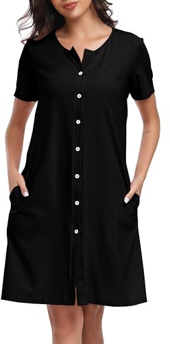 Lovasy Nightdresses for Women UK Cotton Nightdresses&Nightshirts Stripe Ladies Nighties Button Down Nigh Dress Short Sleeve Cotton Nighties Nightwear with Pockets,Pure Black,S