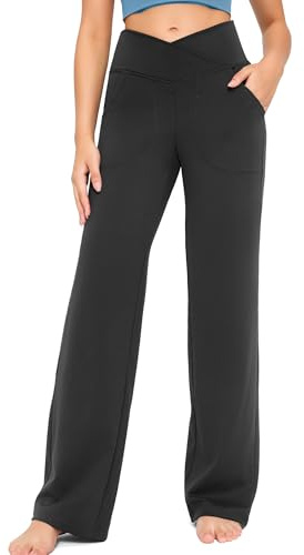 Yogaration Pantaloni Yoga Donna a Gamba Larga, Vita Alta Incrociata, con Tasche – Pantaloni Comodi a Gamba Dritta per Il Tempo Libero e Viaggio, Antipiega