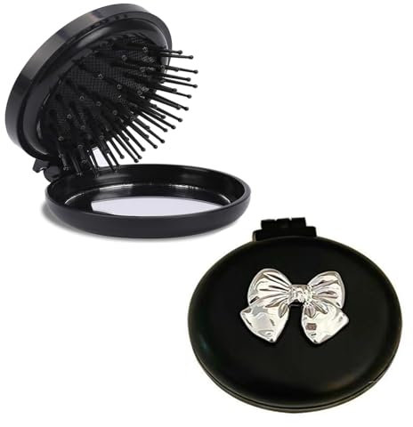 2 Pcs Foldable Travel Mirror Hair Brushes,Round Hair Brushes,Pocket Hair Brush Mini Hair Comb Mini Travel Makeup Hair Brushes with Mirror,Portable Massage Comb,Suitable for Travel Women and Girl