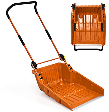 Snöplog snöborttagningsspade, (26 tum snöspade, vikbar snöskyffel med hjul och justerbart ergonomiskt handtag, kraftig rullande snöpusher för uppfart, trottoar, uteplats (orange))