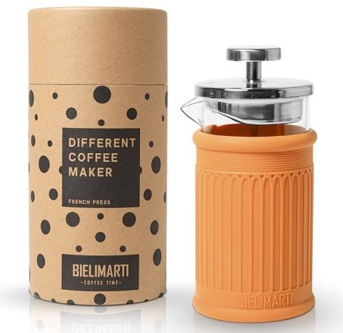 BIELIMARTI Cafetera de Prensa Francesa, 350 ml, Vidrio Borosilicato, Funda de Silicona Térmica,french press,cafetera de embolo (naranja)