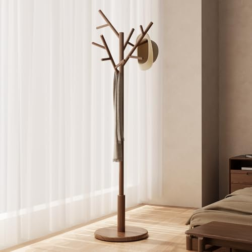 AQIMUELE Perchero de Madera Maciza, Perchero de Pie con 12 Ganchos para Abrigo, Sombrero, Bolso, Cartera, para Entrada, Pasillo, Ganchos y Mástil de Madera de Caucho, Diseño Árbol, Nogal