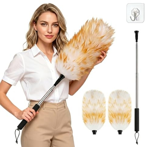 Nicemiya 190 cm Scopa per spolverare in lana d'agnello telescopica - Estensibile fino a 190 cm per superfici alte e arredi delicati, lavabile e resistente ai graffi