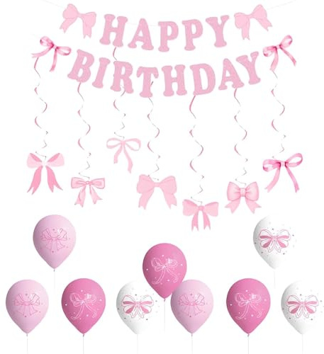 10Pcs Pink Birthday Decorations, Happy Birthday Banners, Pink Bow Balloons, Party Decorations, Suitable for Women the Novel Design that Will Make your Party More Eye Catching