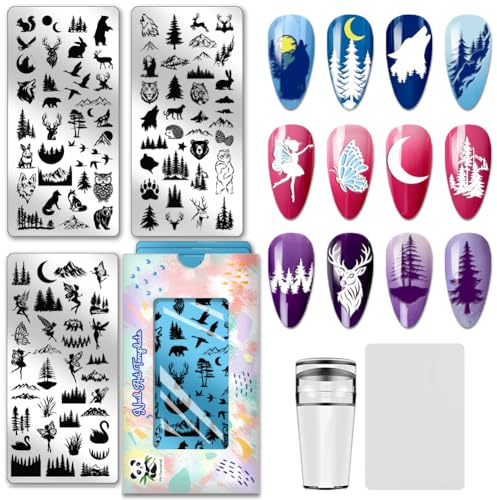 PH PandaHall Plantillas de estampado de uñas de animales salvajes, bosques, montañas, lobos, osos, ciervos, uñas, plantillas artísticas, paisajes naturales, sello para mujeres, manicura, impresión de