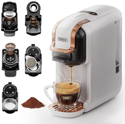 HIBREW H2B 5-in-1 Pods Coffee Maker, 19 Bar Espresso Machine for Pods, for Kcup*/Nes*/DG*/Espresso Powder, Makes iced coffee (White)