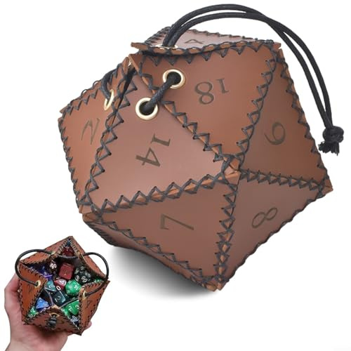 Jotekonoby Bolsa de dados de cuero para juegos de rol | Bolsa de dados poliédricos con cordón ajustable | Almacenamiento de piel sintética impermeable marrón vintage para dados y canicas