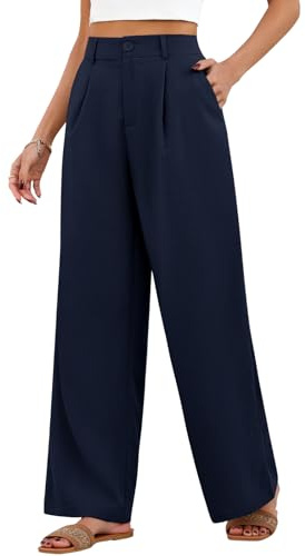 HEEKPEK Pantaloni Donna Estivi Larghi Pantaloni Leggeri Elastico Vita Alta Lunghi Gamba Larga Eleganti Pantalone Bottoni Solido Sciolto Freschi Comodi con Tasche (Blu Navy, S)