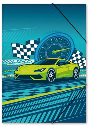 itenga Carpeta con goma elástica con diseño DIN A4 de cartón estable, selección de motivos para niños, carpeta de coleccionista, tensor de esquina, para niños, jóvenes, estudiantes (coche de carreras