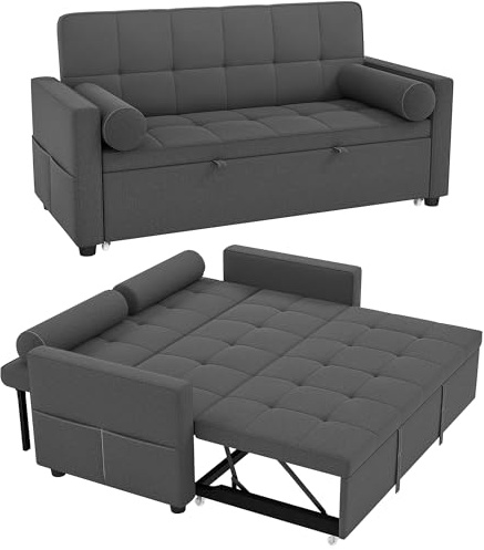 HOMCOM Canapé Convertible 2 Places 3 en 1, canapé-lit capitonné, lit gigogne Double, Dossier réglable, 2 Coussins et Poches d'accoudoirs, Tissu Aspect Lin, pour Chambre, Gris foncé