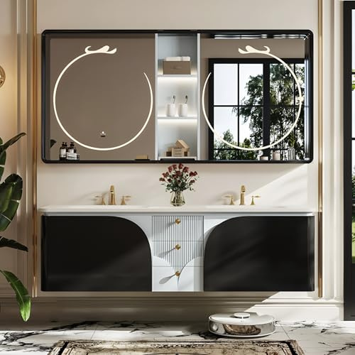 Juego de tocador de baño con lavabo doble y espejo LED, diseño flotante moderno con fregadero integrado y cajones grandes, armario de madera de roble