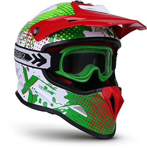 SOXON® SKC-33 Set „Fusion Green“ · Kinder Cross-Helm · Motorrad-Helm MX Cross-Helm MTB BMX Cross-Bike Downhill Off-Road Moto-Cross · ECE 22.05 Schnellverschluss SlimShell Tasche XS (51-52cm)