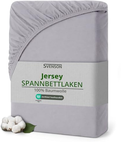 Svenson Jersey-Spannbettlaken – 100% Baumwolle, elastisch, bis 35 cm, geeignet für Boxspring- und Wasserbetten, weich und bequem, 200x220, Silber Grau