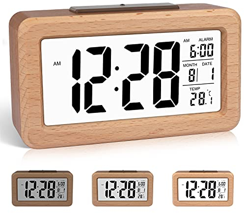 DTKID Wecker Digital aus Holz, mit Datum, Temperatur, Digitaler Wecker mit Schlummerfunktion, Automatischem Lichtsensor, Batteriebetrieben(Batterie Nicht Enthalten)