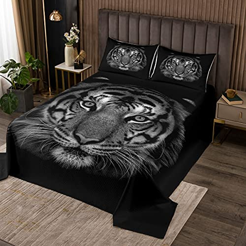 Loussiesd Tiger Tagesdecke 220x240cm Wohndecke 3D Tier Weiß Tiger Bettüberwurf für Kinder Jungen Mädchen Wildtier Thema Steppdecke Tierwelt Stil Design Schwarz Zimmer Dekor 3St
