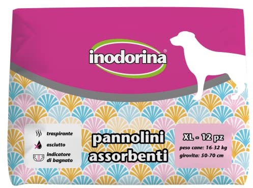 Inodorina, Couches absorbantes jetables, Technologie Respirante et indicateur de mouillé avec Trou pour Queue et ailettes Longues, pour Chiens pesant 16-32 kg, Taille XL, 12 pièces