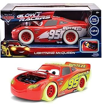 Jada Toys Glow Racers Lightning McQueen Car (21 cm) from Disney Pixars Cars - Toy Car for Children from 8 Years, Glow in the Dark, Metal Model Car, Scale 1:24