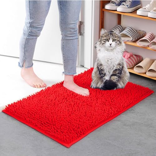 Mateju 2 Stück Chenille Badezimmerteppich, Weich Badteppich rutschfest Badematte Badvorleger Saugfähige Maschinenwaschbare für Badewanne Dusche Toilette Hunde (60x90CM,Rot)