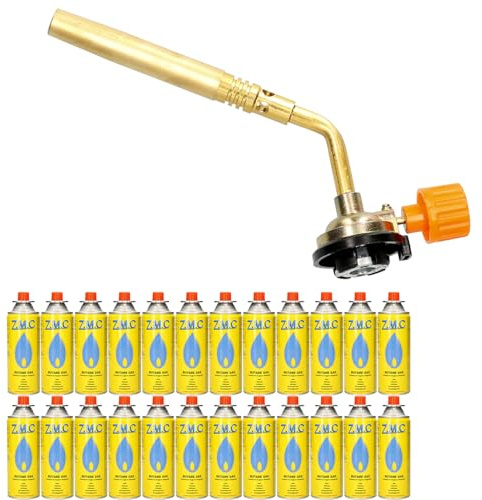 Z.M.C ALLZWECKBRENNER Gasbrenner 1,65 kW + 24x Gaskartuschen 227g, Lötbrenner bis zu 1371 °C, Schweißbrenner Bunsenbrenner mit einstellbarer Flamme, Abflammgerät Lötlampe ideal für Werkstatt