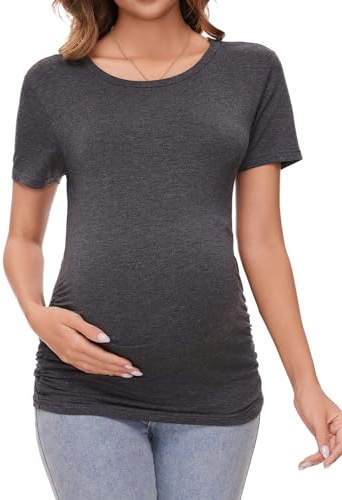 Brynmama Dam moderskap toppar kortärmad T-shirt rynkad sida t-shirt graviditet baströja, Kolljung, M