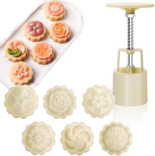 YOSKAEDI Mondkuchenpresse 50g, Keksstempel Set, Mondkuchenformen, mit 6 Cookie Stempeln, Sehr geeignet für Backbegeisterte