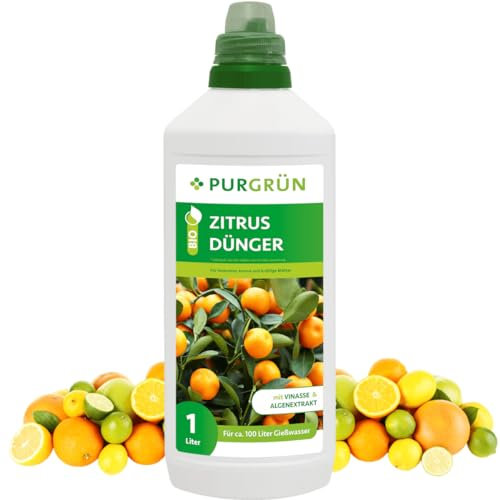 Purgrün® Bio-Zitrusdünger 1 Liter – Gesundes Wachstum dank rein natürlicher Inhaltsstoffe – Fördert die Blütenbildung mit extra Kalium – Ergiebiges Konzentrat für 100 Liter Gießwasser