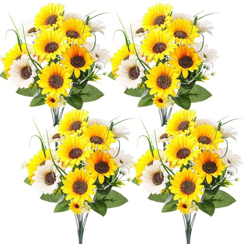 Giegxin 4 Bundles Memorial Day Sunflower Cemetery Flowers for Grave Vase Artificial Sunflower Memorial Flower Bouquet 19.7 Inch Fake Silk Floral Arrangement for Headstone Gravesite Outdoor