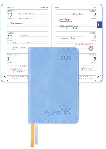 POPRUN Mini Pocket Diary 2026 A7 Week to View 12 x 8 cm, Palm-sized Slimline Calendar 26 Weekly Planner with 70 gsm Paper, PU Leather Soft Cover(Cyan Blue)